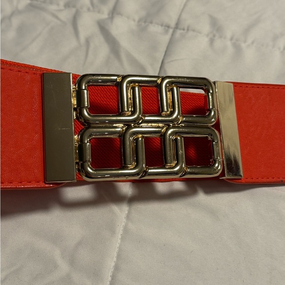 Y2K Gold Geometric Wide Stretch Belt New York & Co Interlock L/XL Orange 90s - Picture 3 of 14